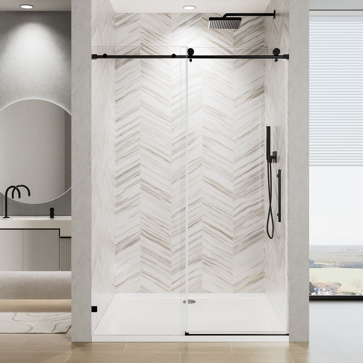 Frameless Single Sliding Soft Close Shower Door, 5 / 16" Clear Nano Coated Tempered Glass And 304 Stainless Steel Handle - Matte Black