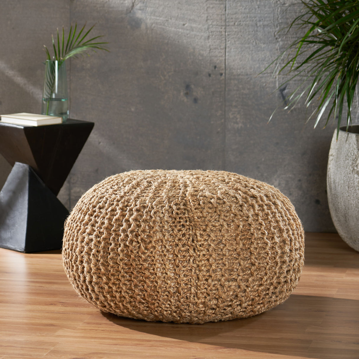 Handmade Jute Pouf With Cable Knit Pattern - Natural