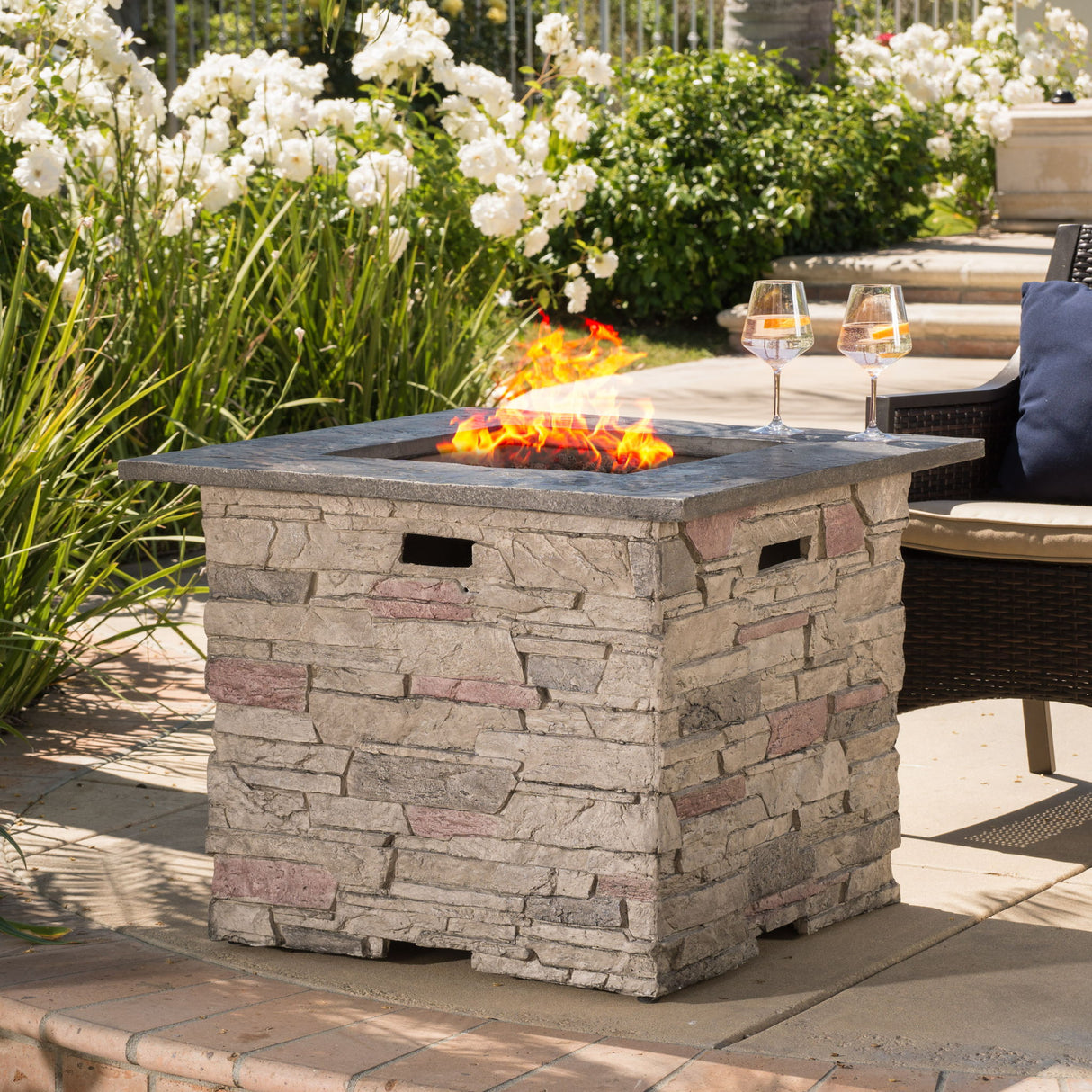 Classic Design Square Fire Pit With Top And 40, 000 Btu Heat Output - Stone Gray
