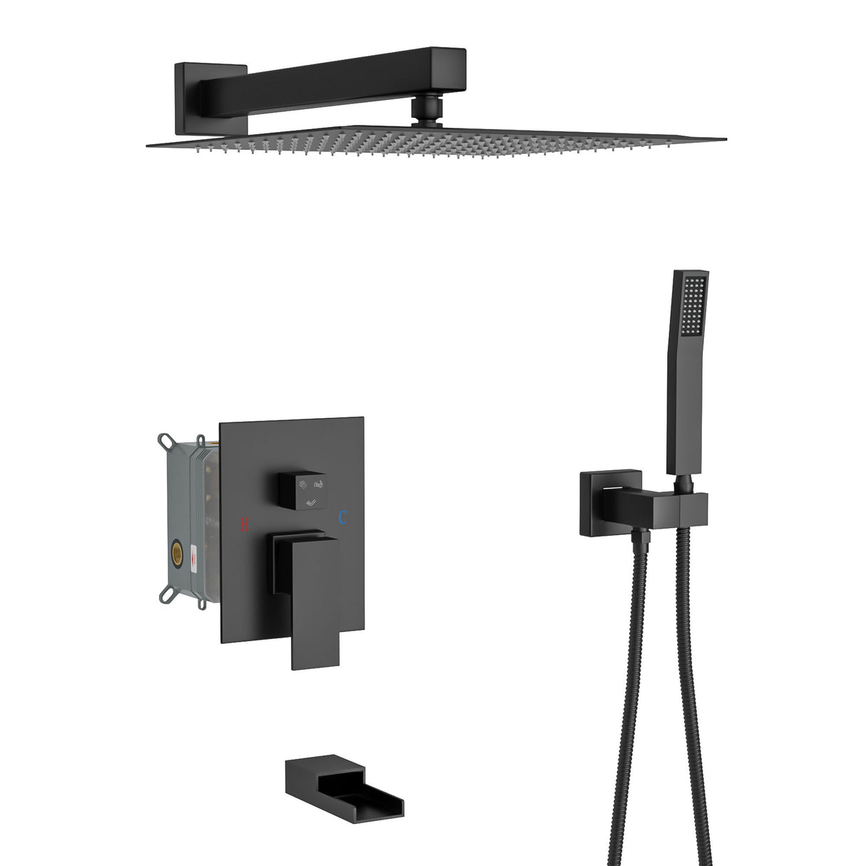 Wall Mounted Square Shower System With Rainfall Tub Spout And Handheld Shower, 10" - Matte Black
