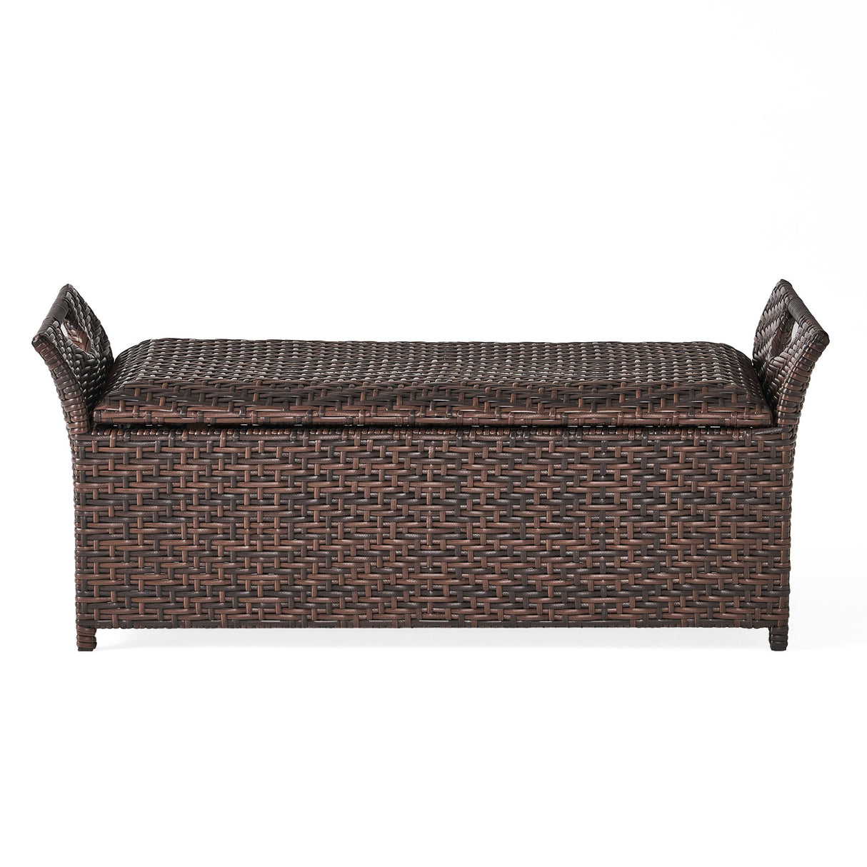 Outdoor Rattan Bench With Flair Arm And Storage - Brown