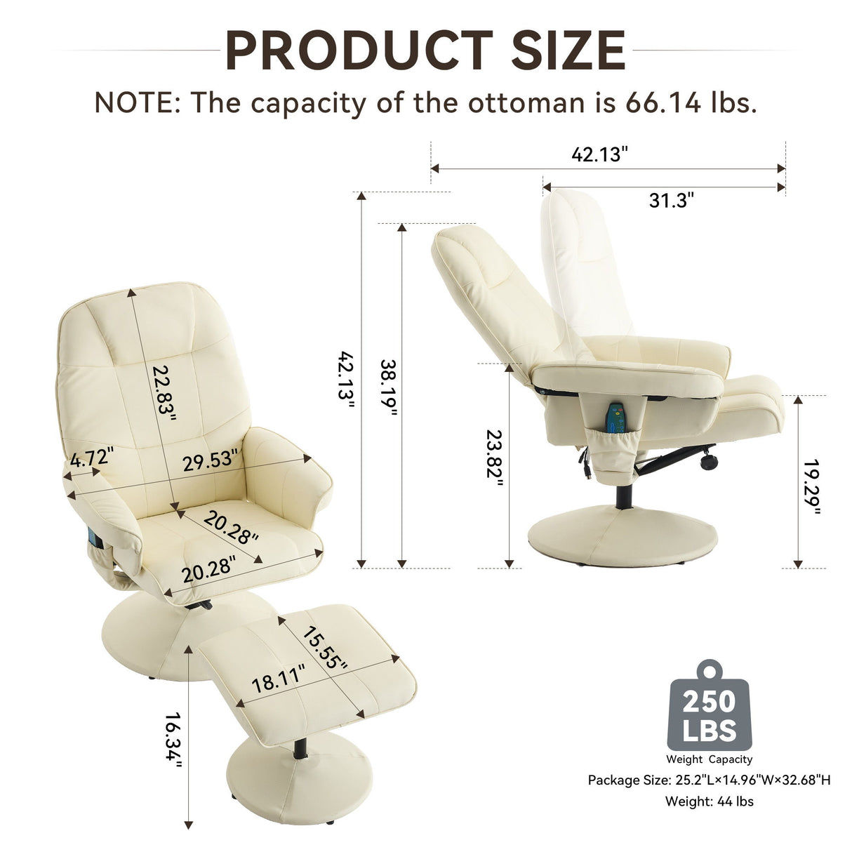 360° Swivel Reclining Chair With Wrapped Base, 5 Point Vibration Massage