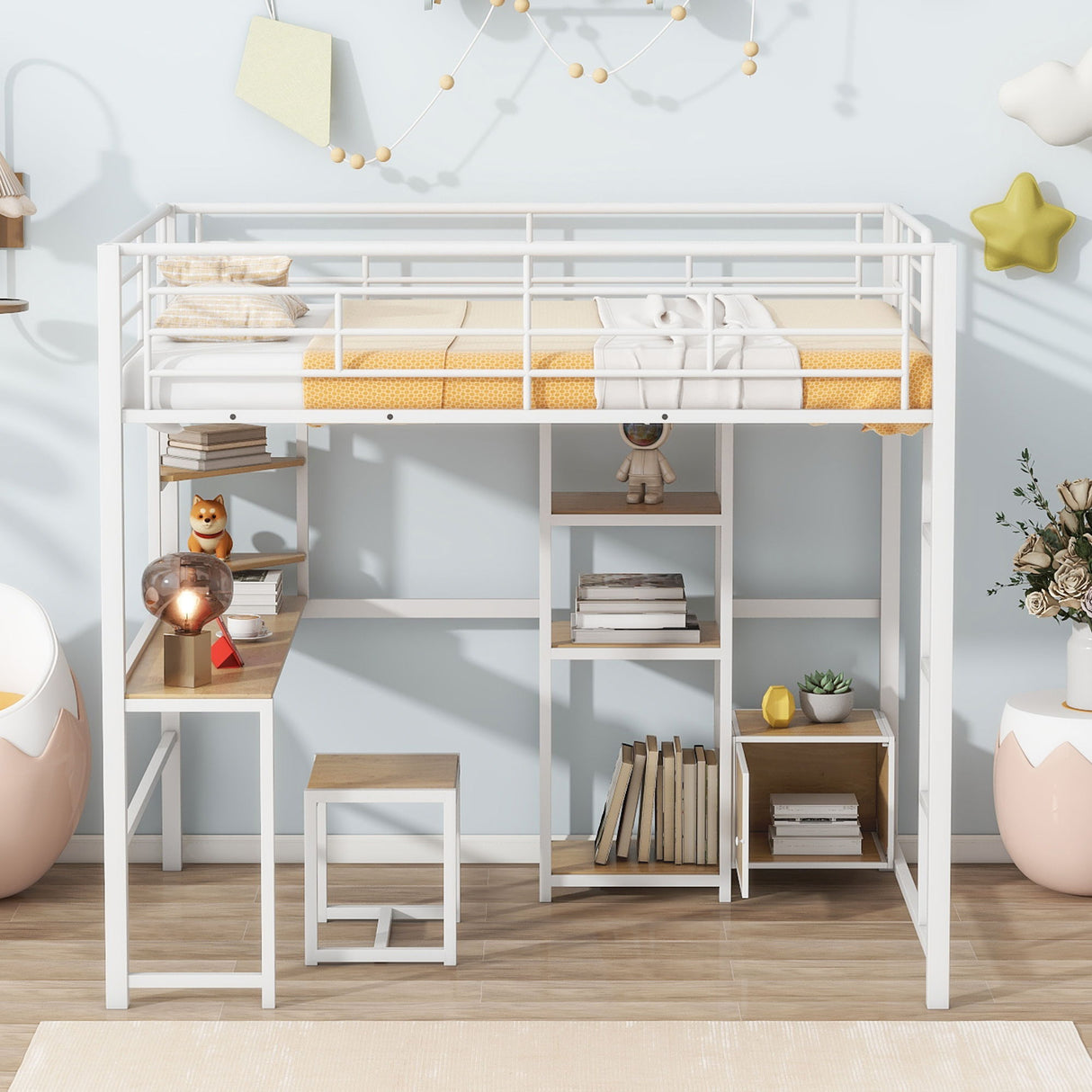 Full Size Loft Bed With Desk And Stool, With Open Style Wardrobe, Shelves And Cabinet - White