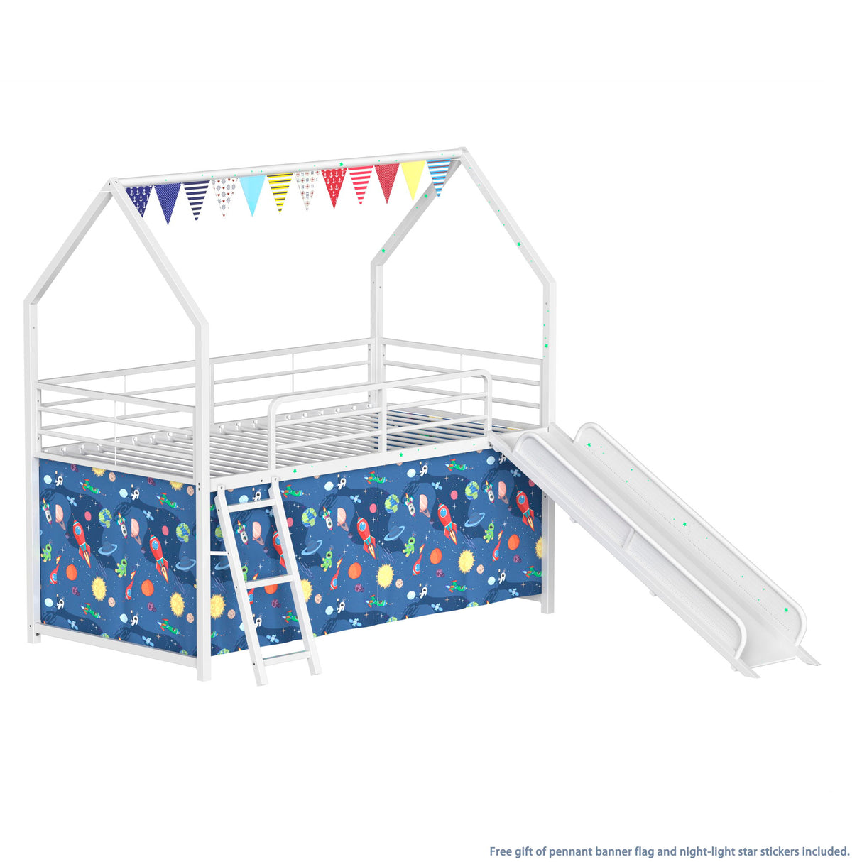 Jack - House Loft Bed With Slide And Curtain Set