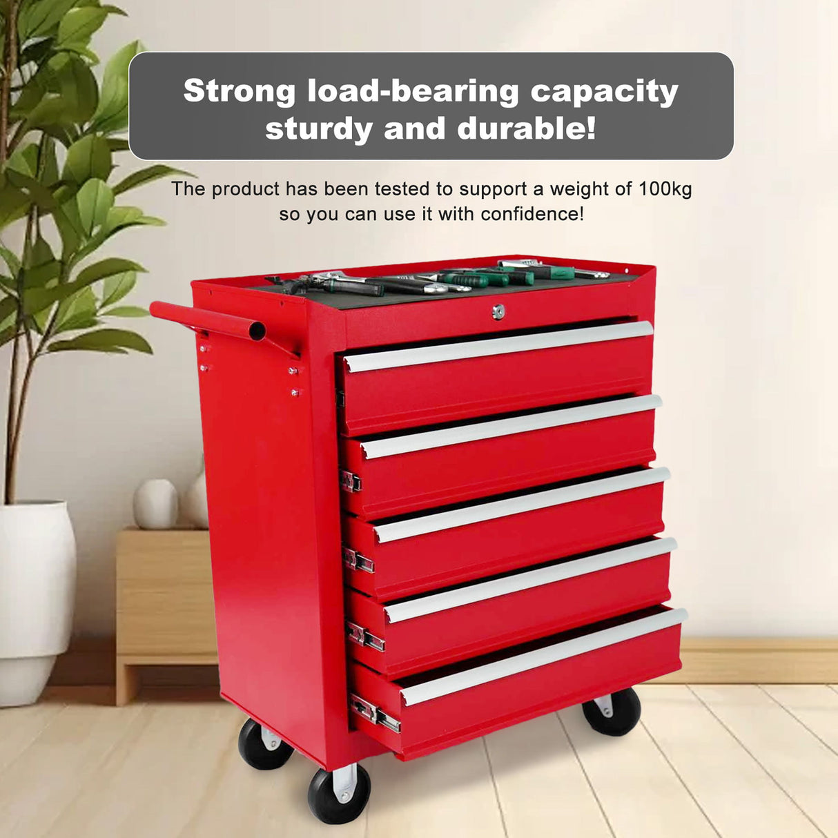 5 Drawer Metal Rolling Tool Chest With Locking System And Wheels - Red
