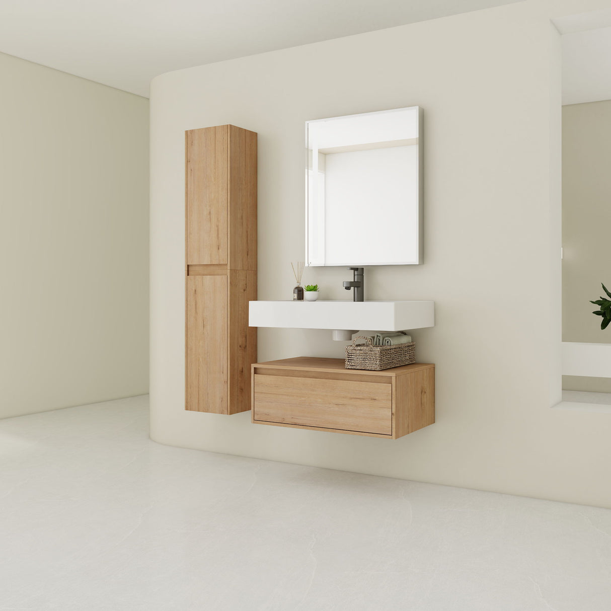Modern Wall Mounted 30 Inch Bathroom Vanity With Resin Sink And 2 Side Cabinet In Imitative - Imitative Oak