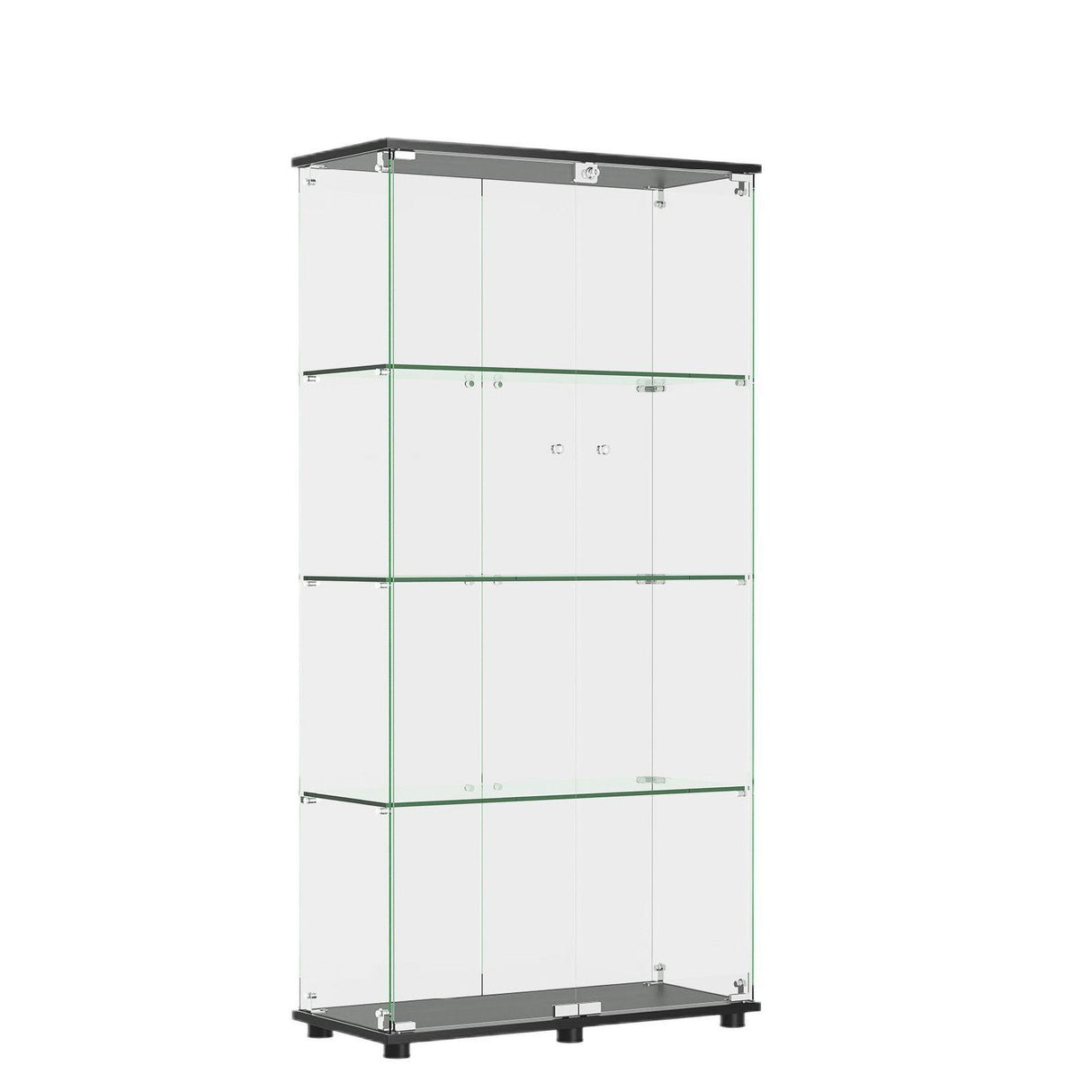 Modern Glass Display Cabinet With 4 Shelf Double Doors And Lock, Tempered Glass Bookshelf For Living Room - Black