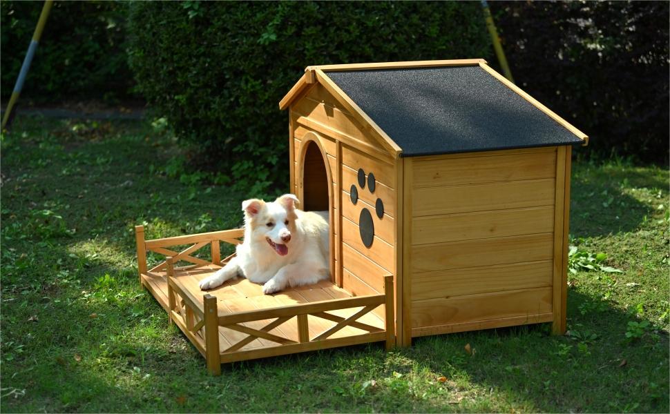 Wooden Dog House Outdoor With Porch, Dog Kennel With Water Resistant Asphalt Roof And Fencing, Indoor & Outdoor Dog Crate With Paw Print, Medium - Nature