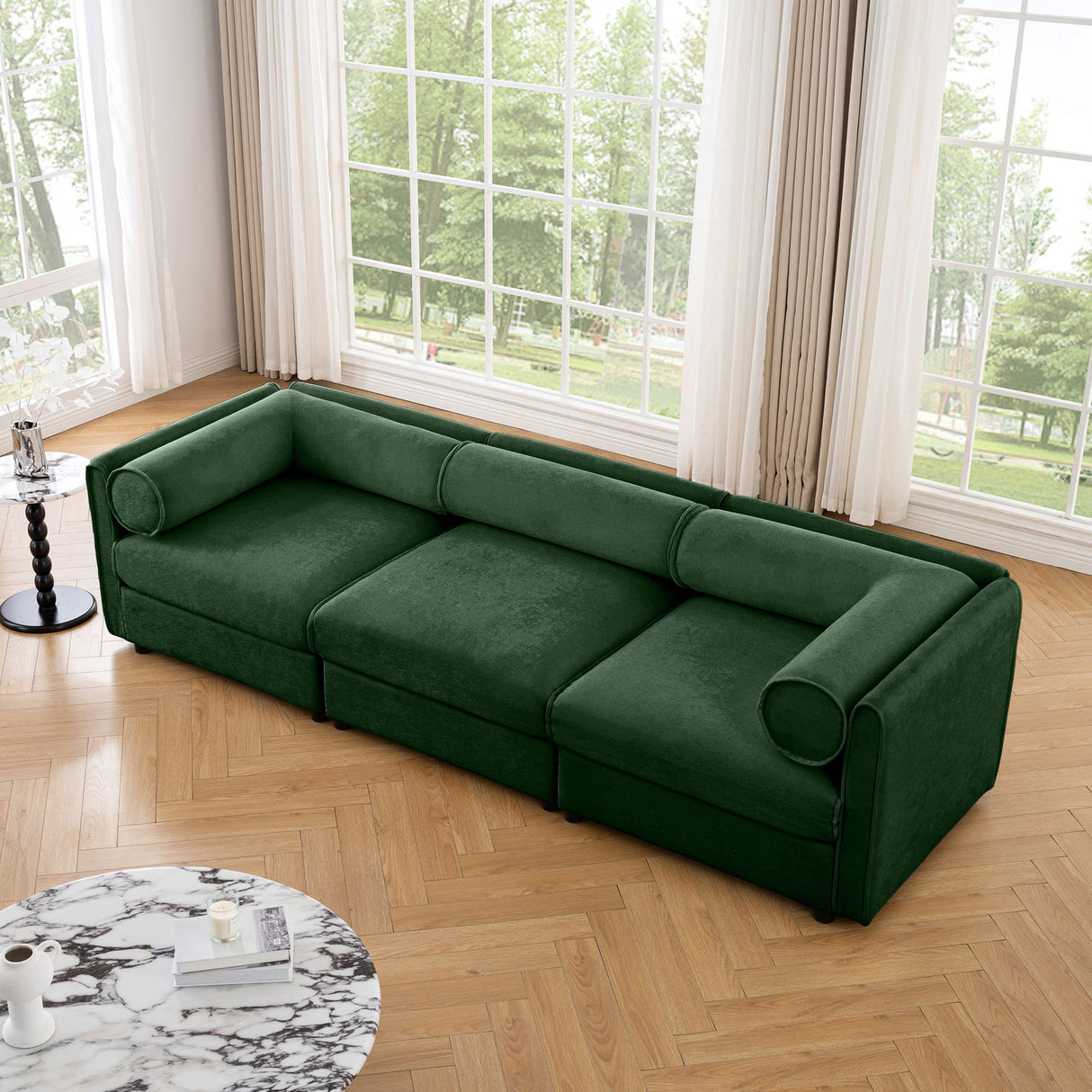 Stylish Chenille Sofa With Storage Seat And Cylindrical Backrest