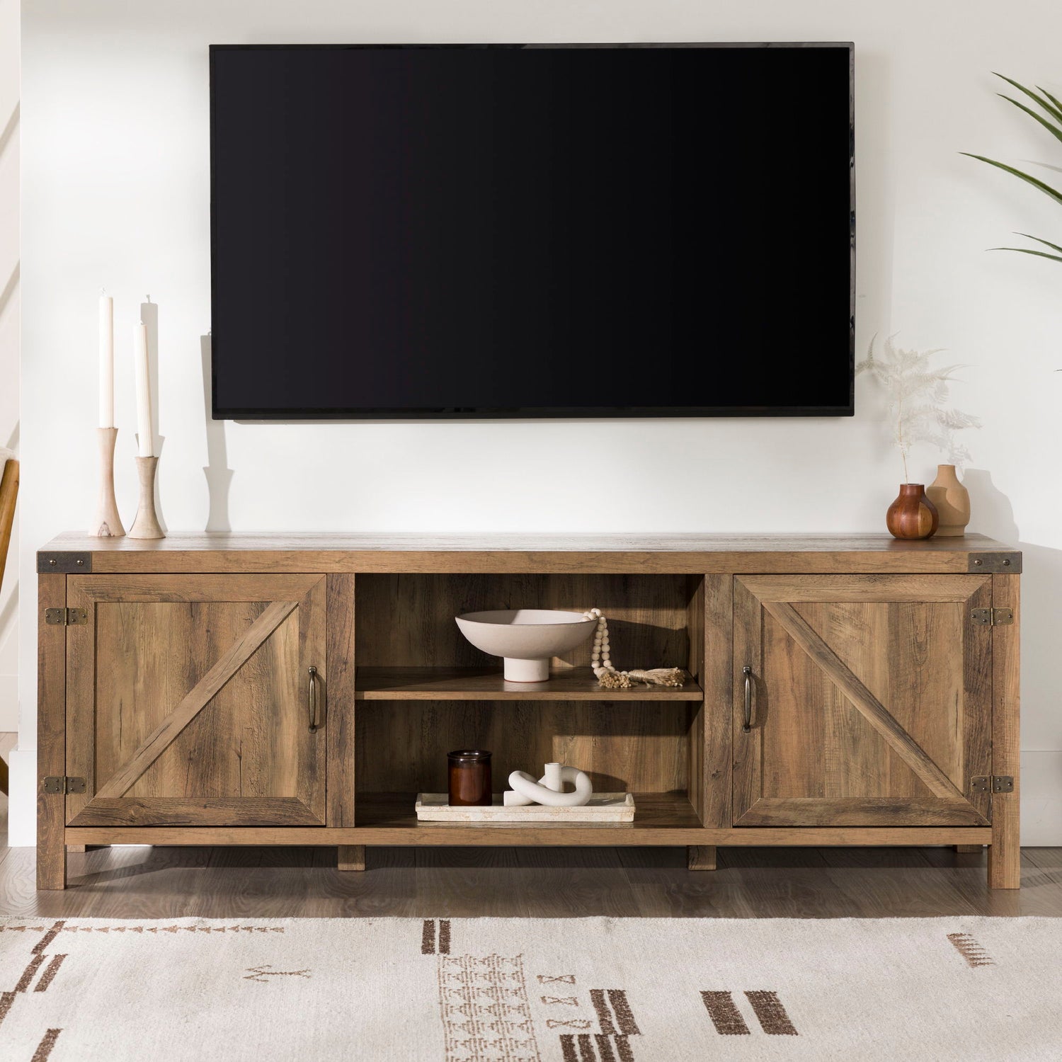 Rustic Farmhouse Double Barn Door 70" TV Stand For 80" TVs With Center Shelves