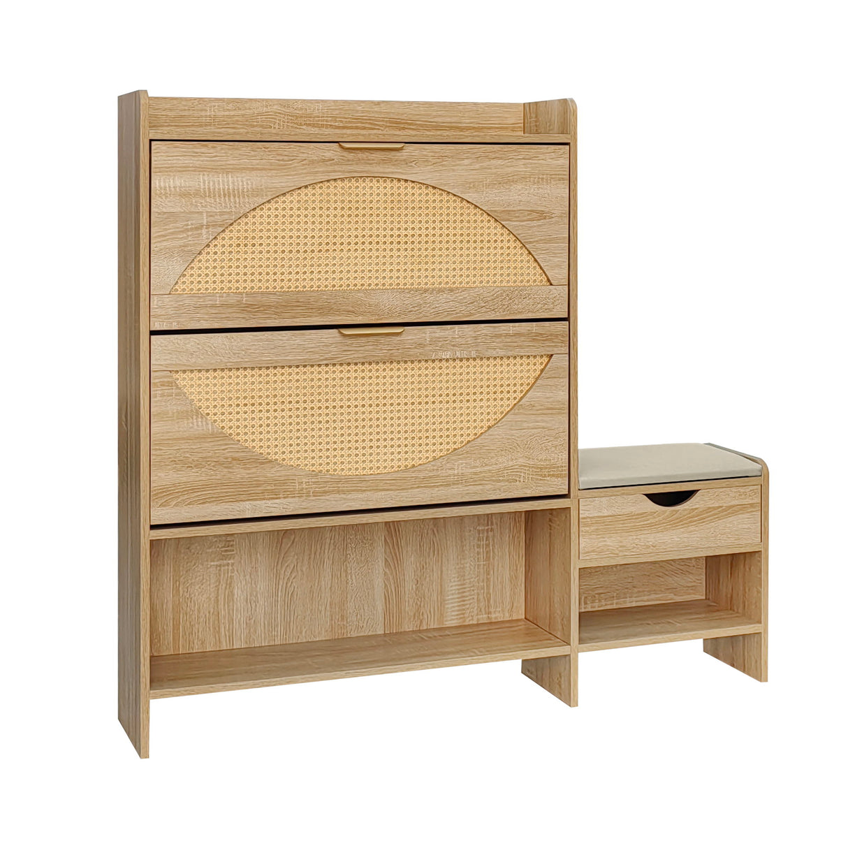 Shoe Storage Cabinet Rattan Shoe Storage Organizer With 2 Flip Drawers, A Storage Drawer And A Bench For Entryway, And Hallway - Light Brown