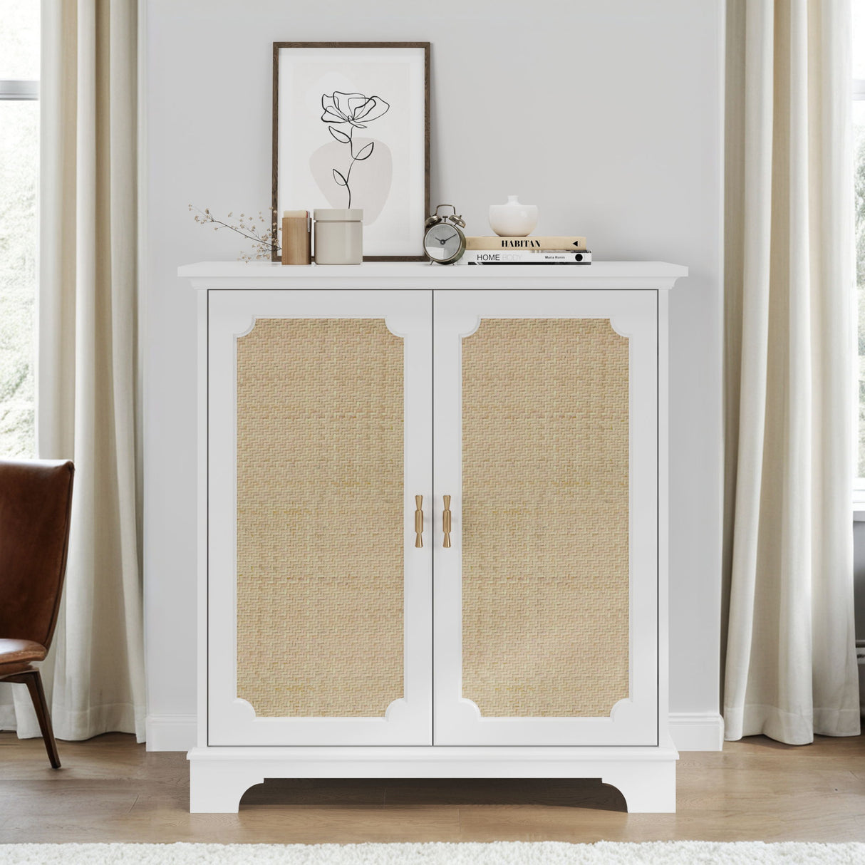 Rattan Decorated Sideboard Buffet Storage Liquor Cabinet - White