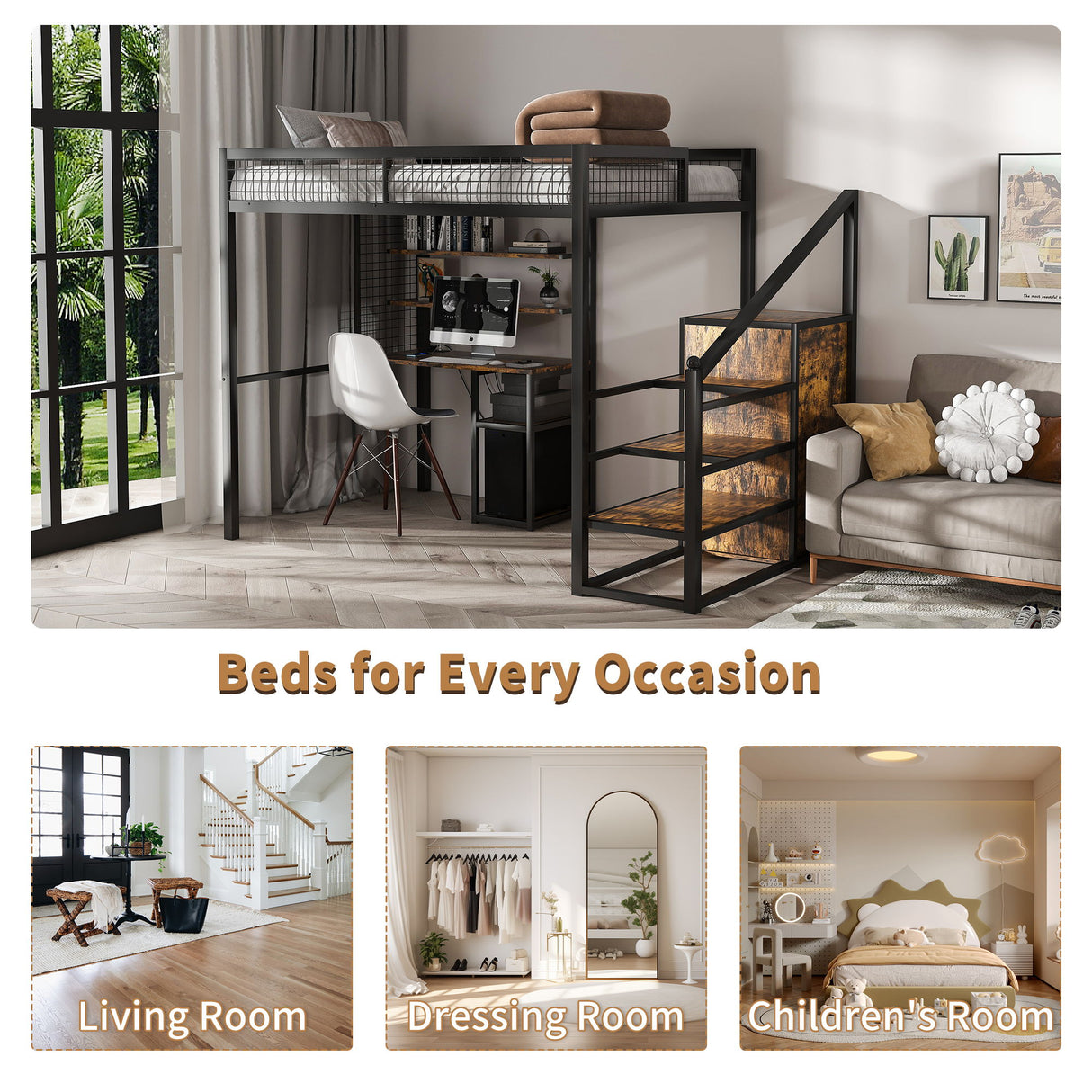 Full Size Loft Bed With Desk & Wardrobe Heavy Frame, Built In Staircase, Storage Rack & Shelves Gaming Bed - Black