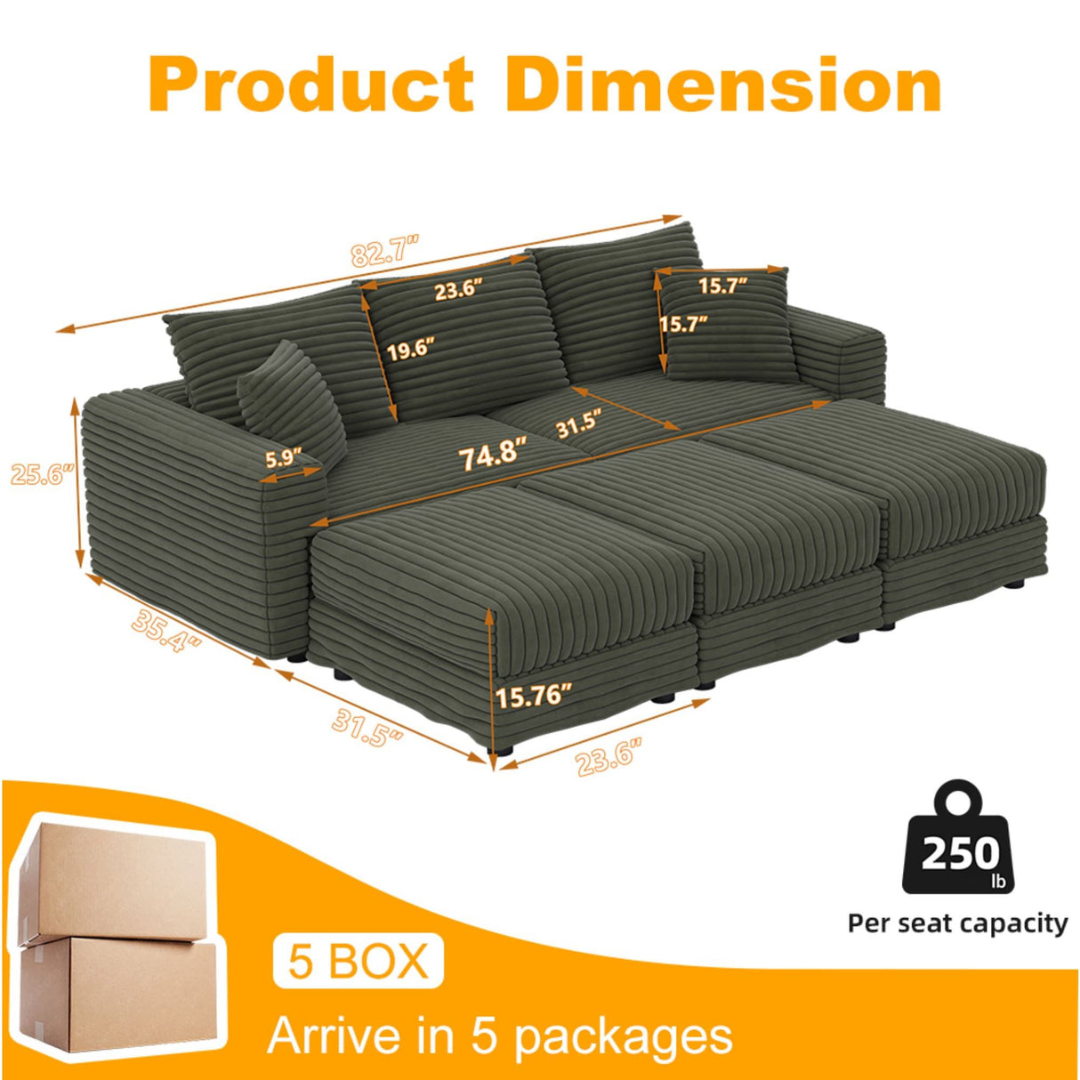 Deep Seat Convertible Sofa With Soft Pillows And Ottomans