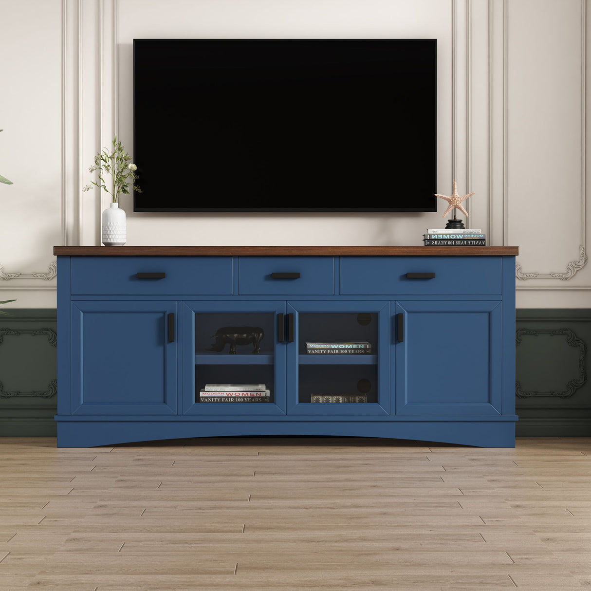 TV Console Stand, Glass Doors & Storage Drawers, Adjustable Shelves
