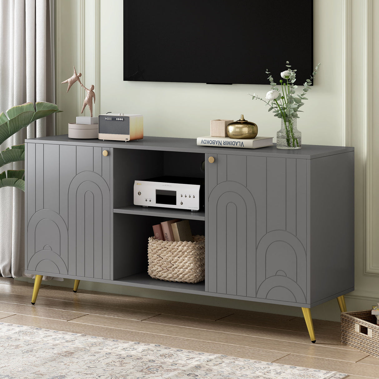 Modern TV Stand With Adjustable Shelf, Handles And Anti-Tip Device