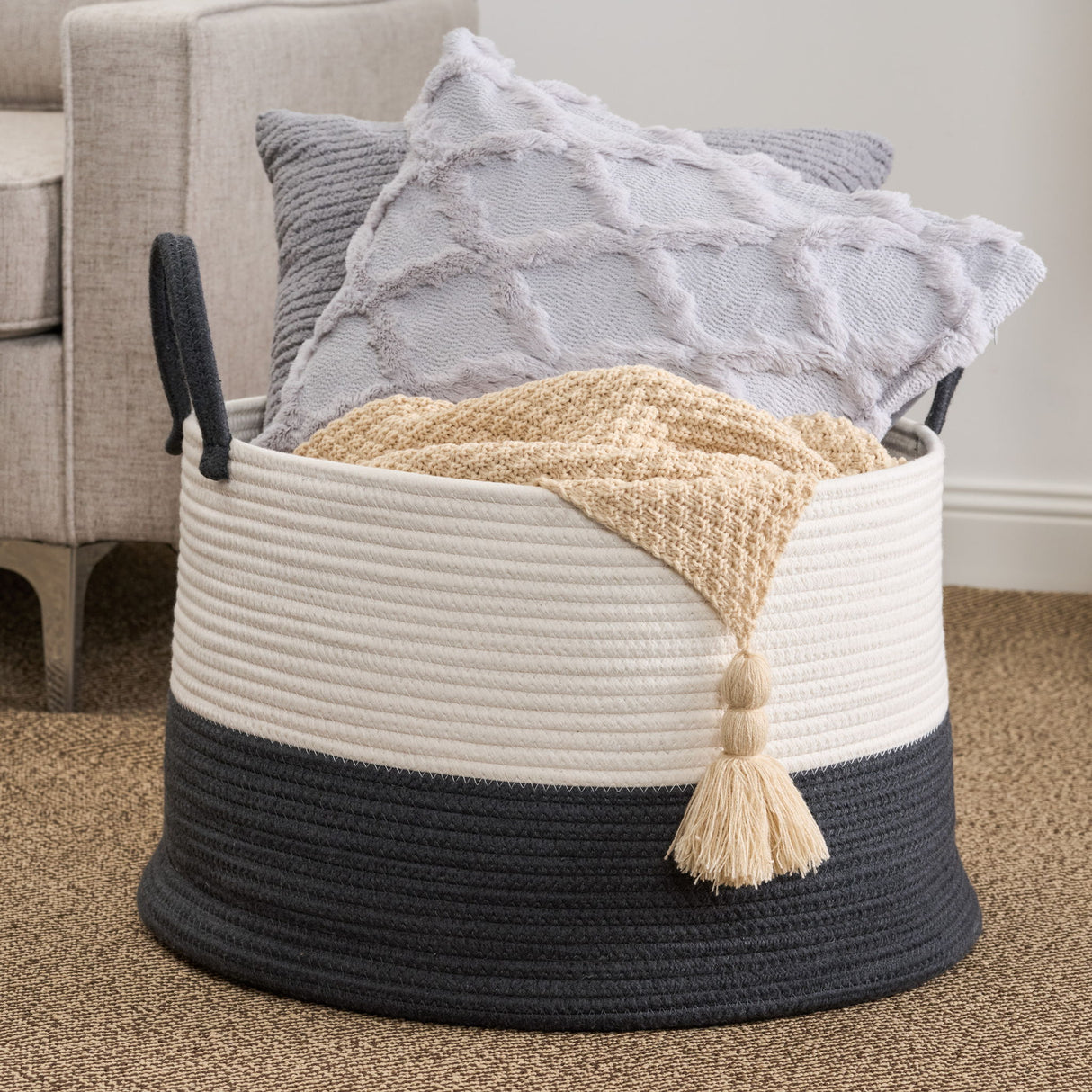 Cotton Round Laundry And Storage Basket With Sturdy Handles - Gray / White