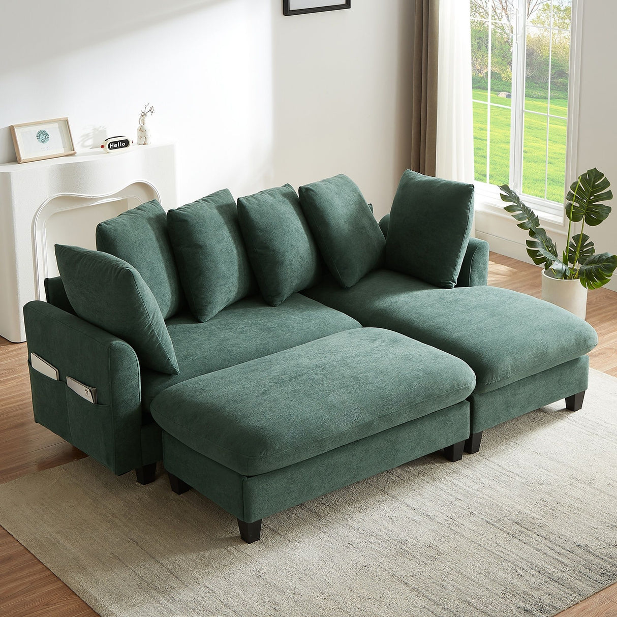 Upholstered L Shaped Sectional Sofa With Storage, Movable Ottoman, And 6 Throw Pillows