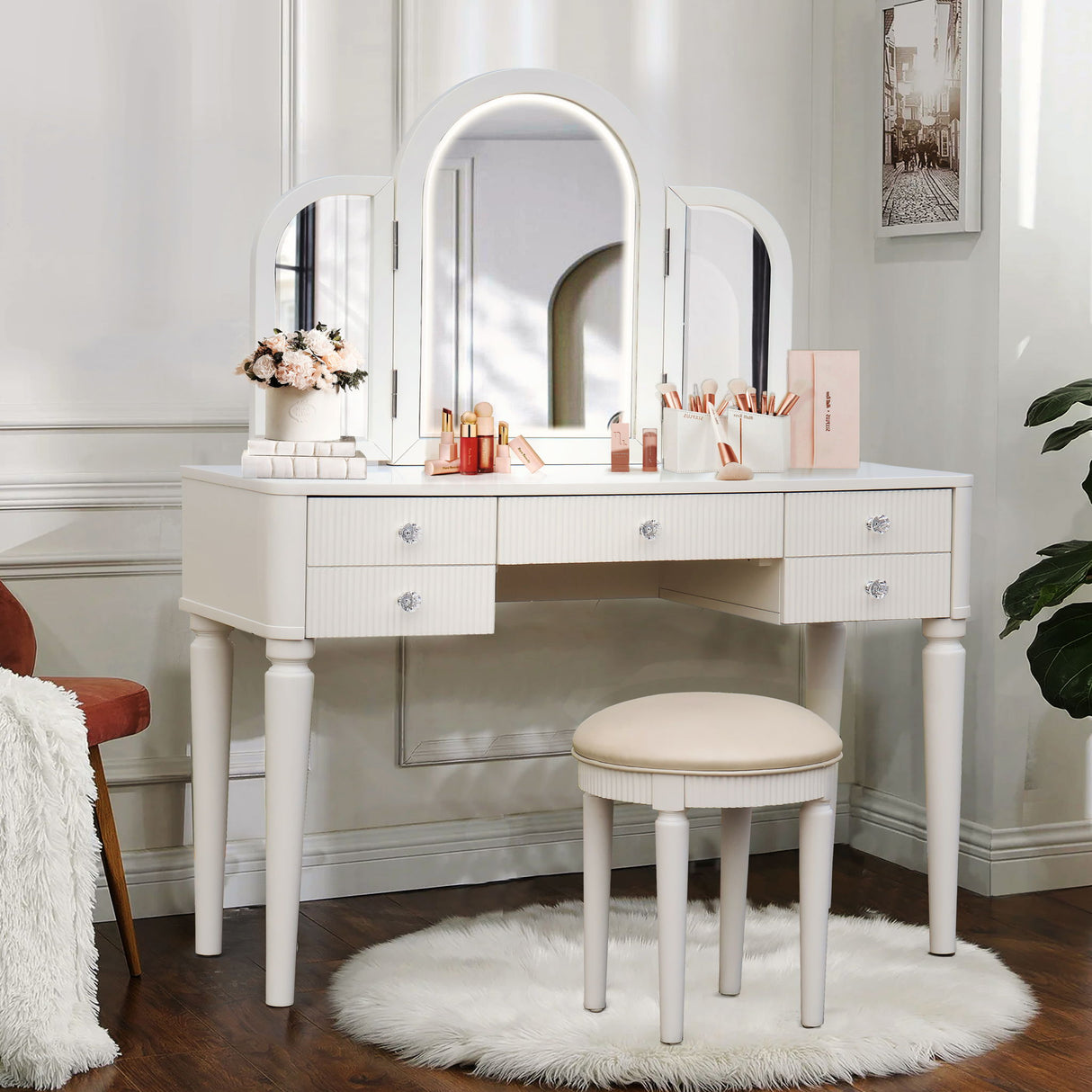 Mirrored Makeup Vanity Table Set With Adjustable Lighting And Storage