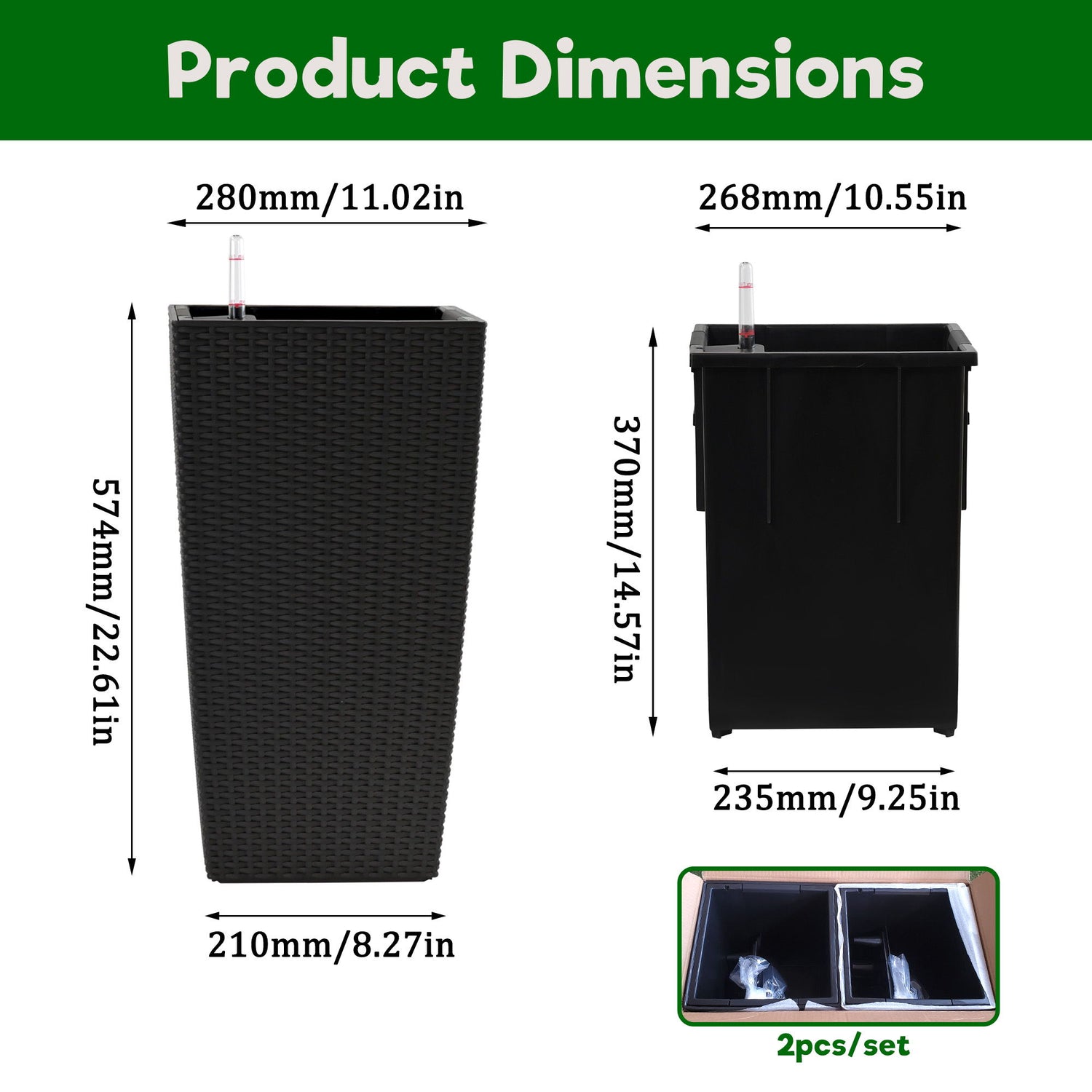 Elegant Square Planter With Automatic Watering System, Faux Rattan Design, Polypropylene (Set of 2) - Black