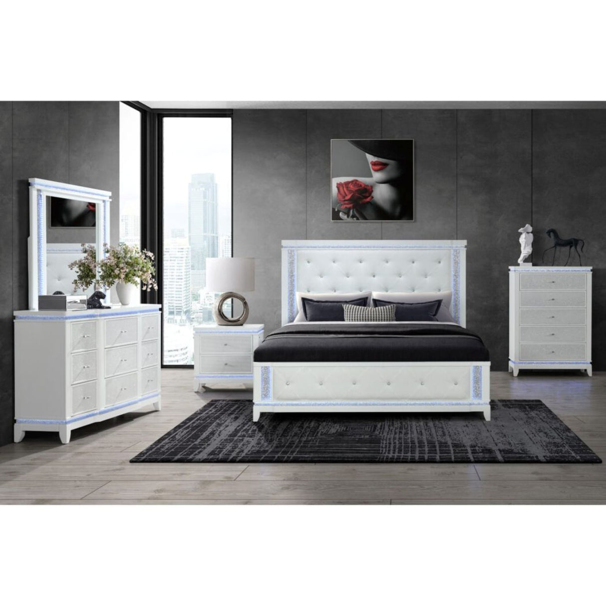 Adalid - 5 Pieces Bedroom Set With LED Lights And Glittered Detailing