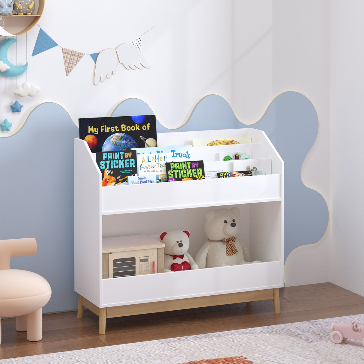 Bookcase Organizer With Storage, 3 Tier Toddler Book Display Shelf For Playroom - White