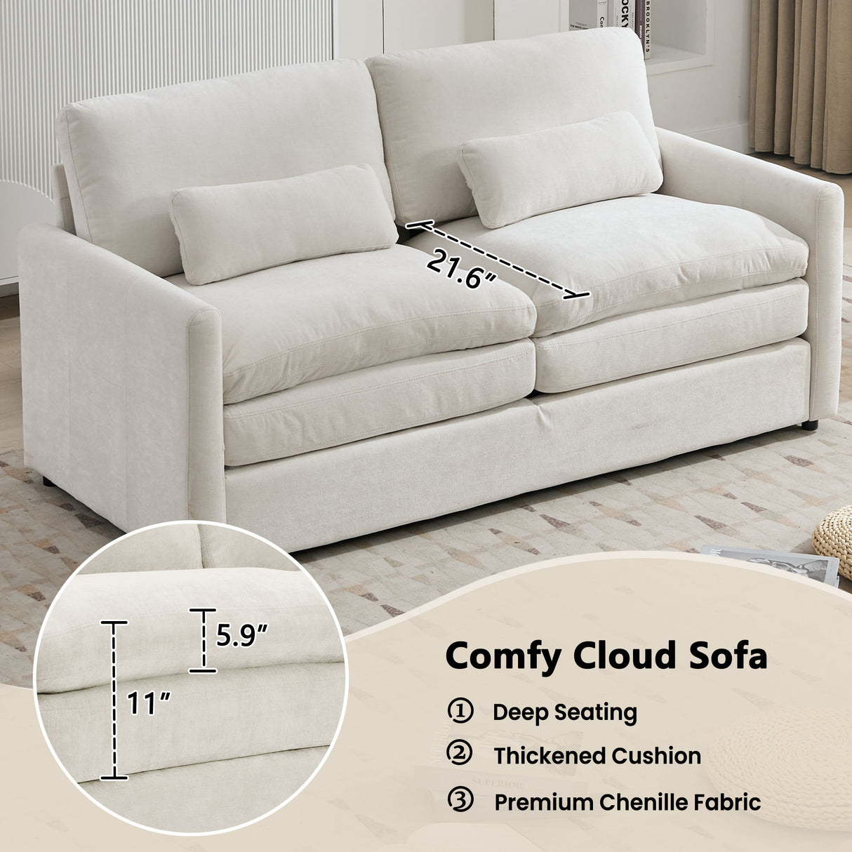 Cozy Upholstered Plush Cushion Loveseat Sofa For Living Room