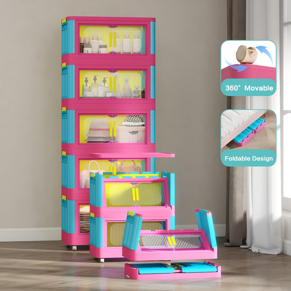 Folding Storage Cabinet With Magnetic Doors And Wheels