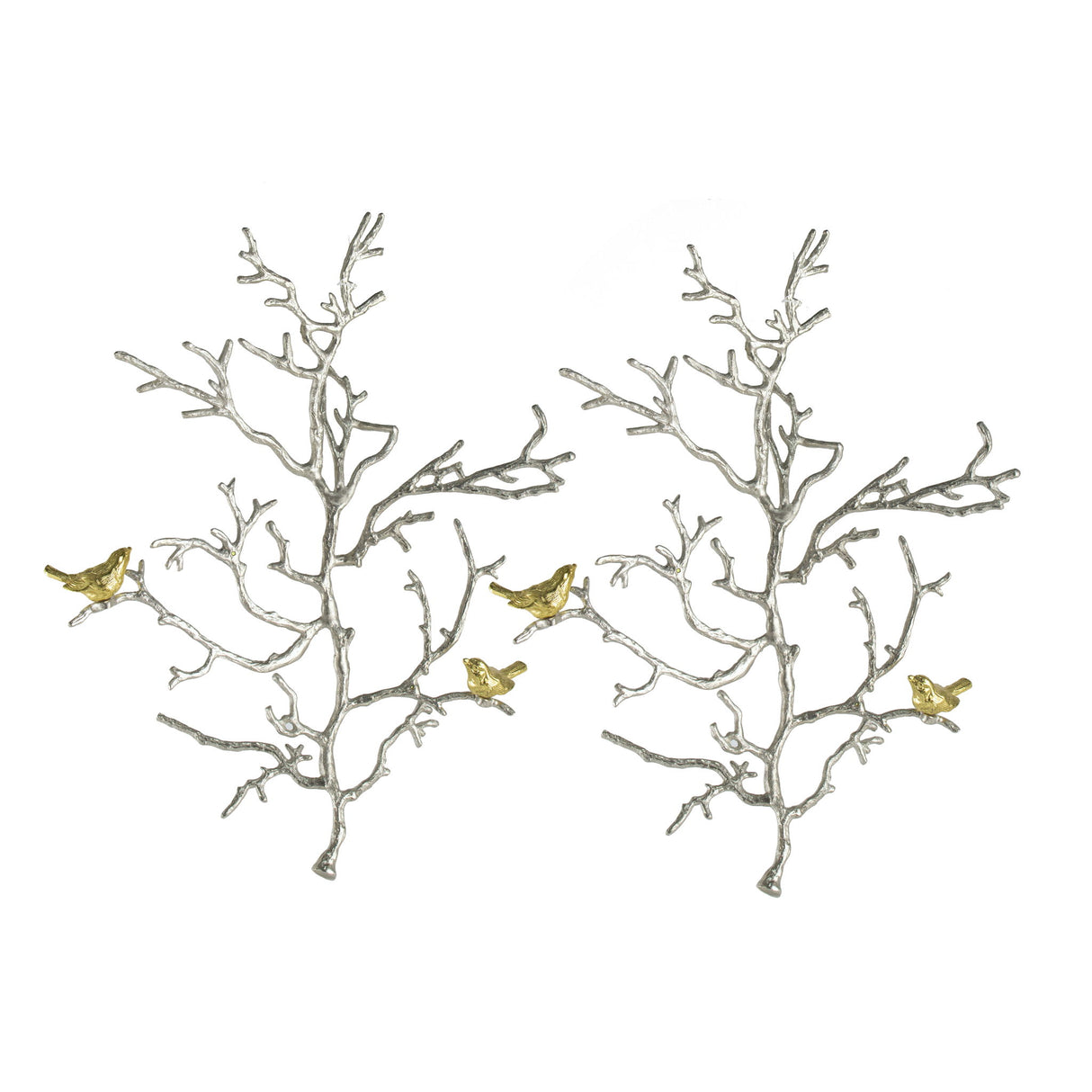 Metal Branch Wall Sculptures With Bird Accents (Set of 2) - Silver Multi