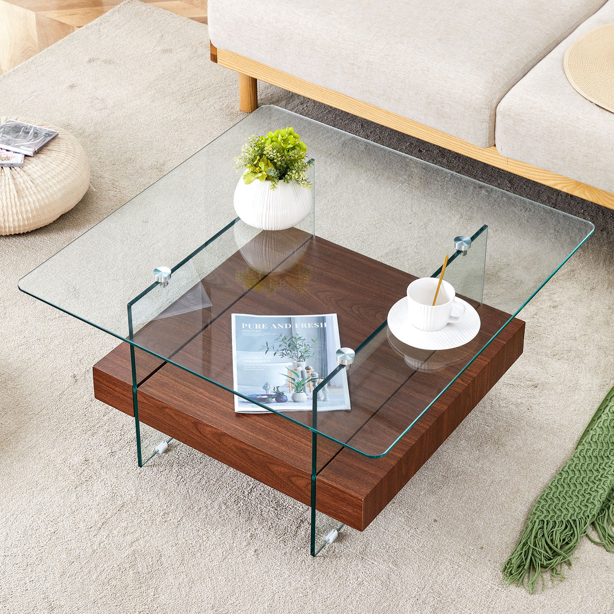 Modern 2 Tier Square Coffee Table, Elegant Marble Pattern