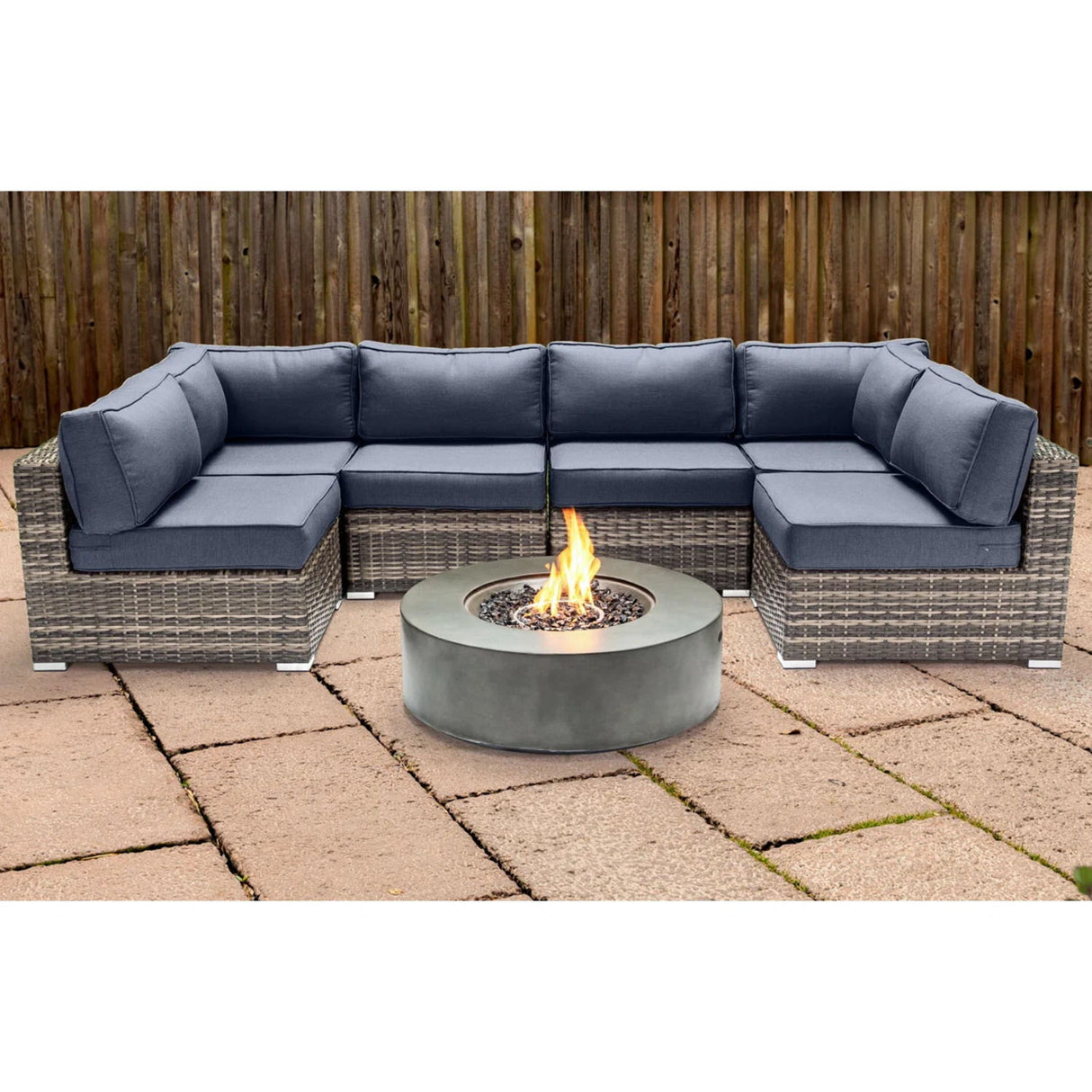 Outdoor 7 Piece Sectional Seating Group With Cushions And Fire Pit - Gray / Navy