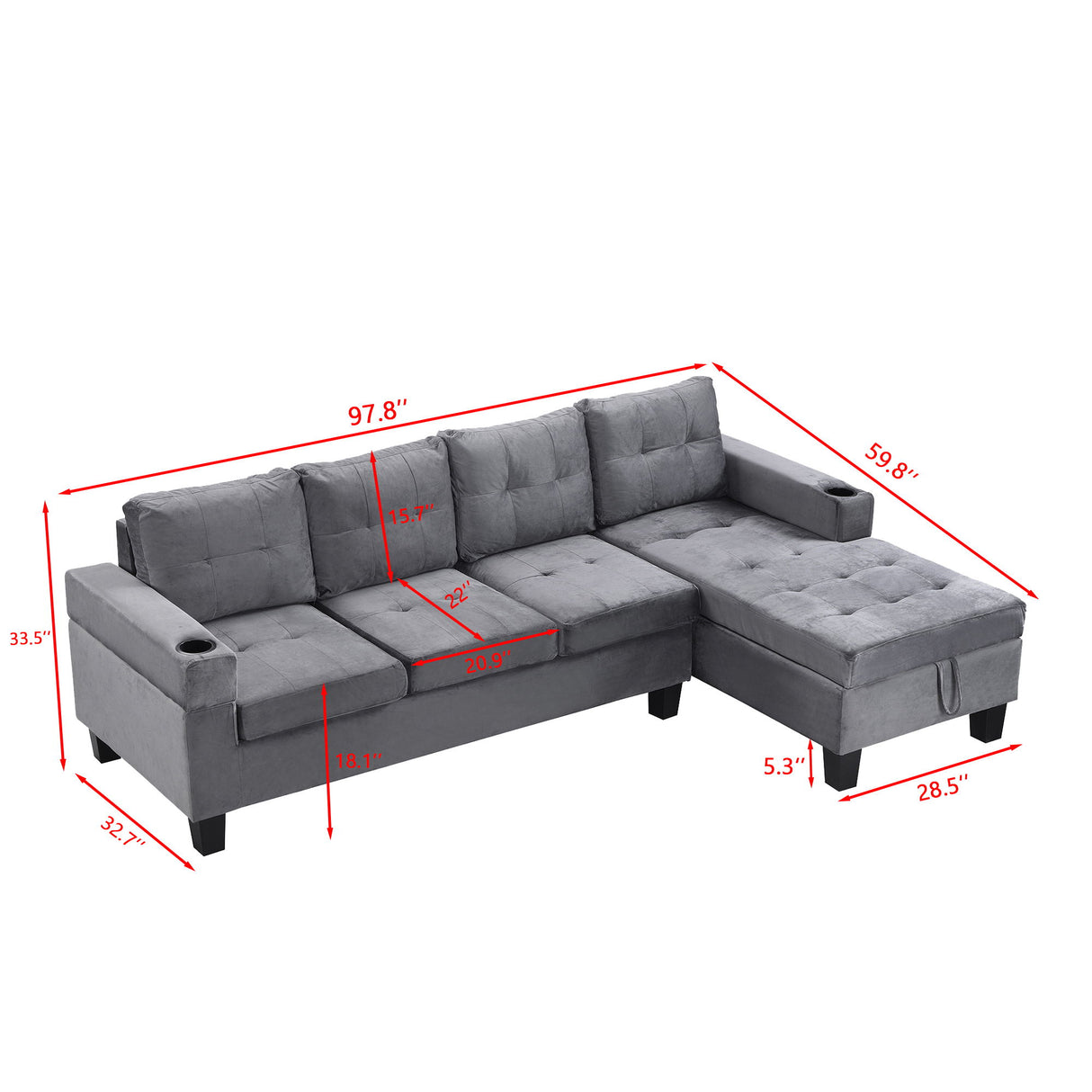 Modern Sectional Sofa Set With L Shape Chaise Lounge And Storage