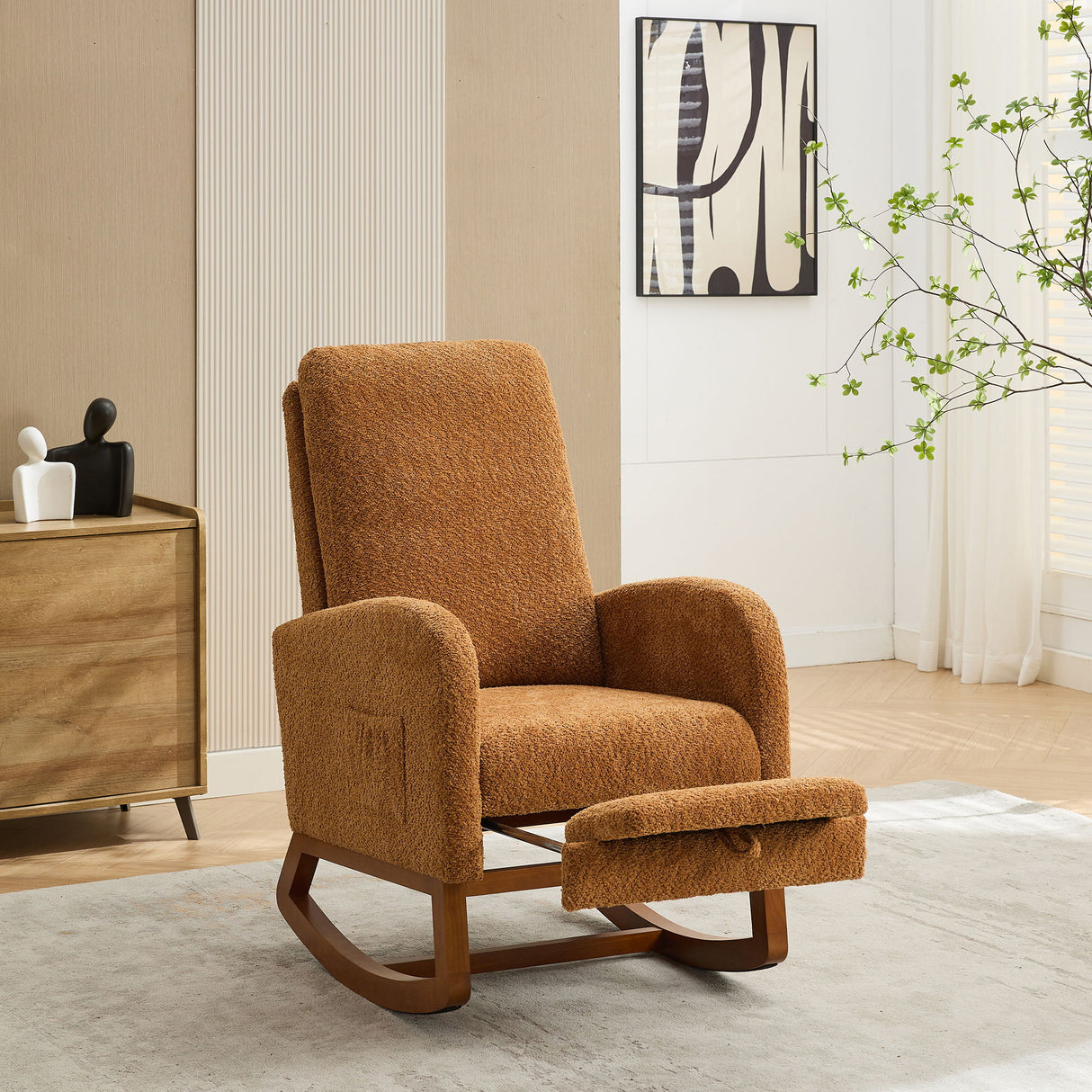 High Back Glider Rocking Chair With Retractable Footrest And Rubber Wood Legs