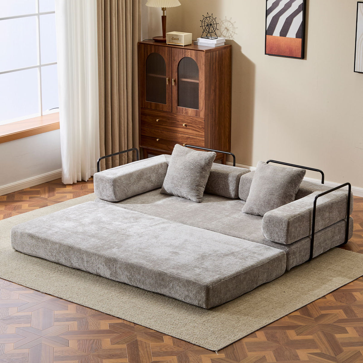 Convertible Floor Sofa Bed With Pillow Back Support Armrest