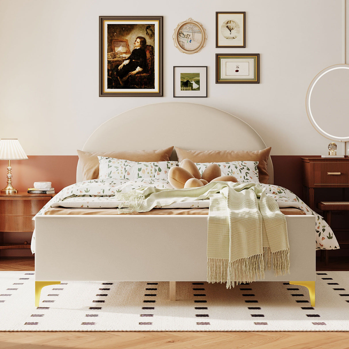 Upholstered Platform Bed With Classic Semi-Circle Shaped Headboard