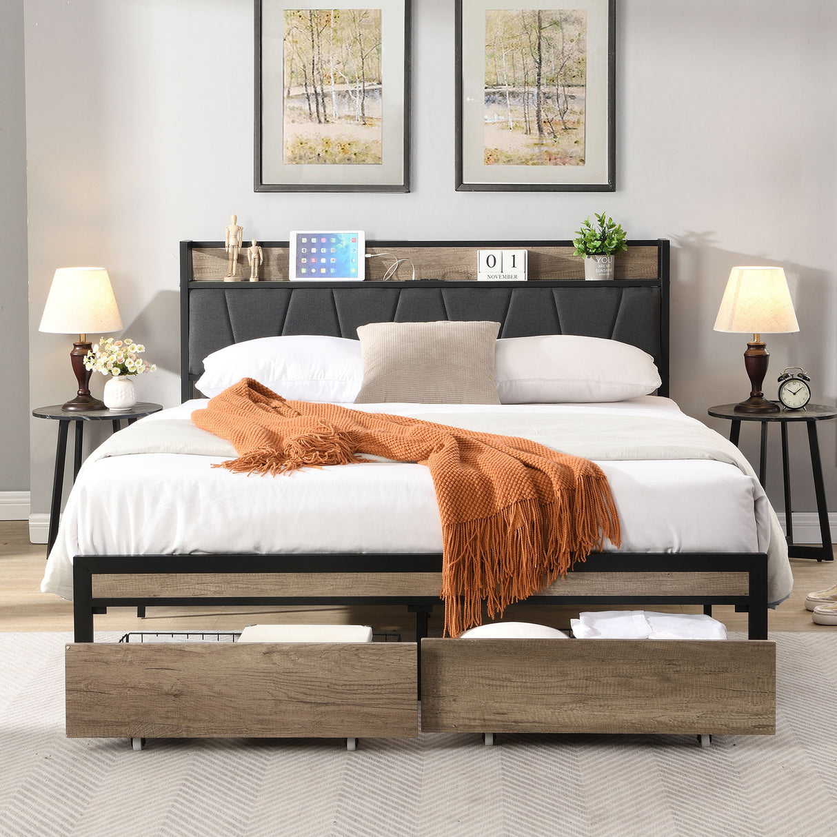 Modern Platform Bed Frame With Upholstered Storage Headboard, USB Ports
