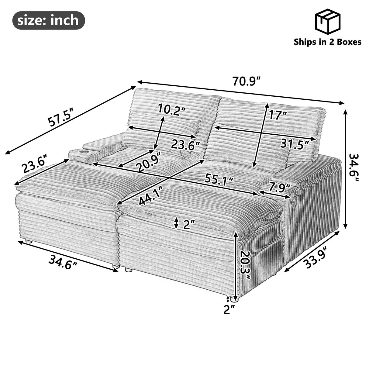 Loveseat Sofa Sectional Convertible With Storage And USB Ports - Gray