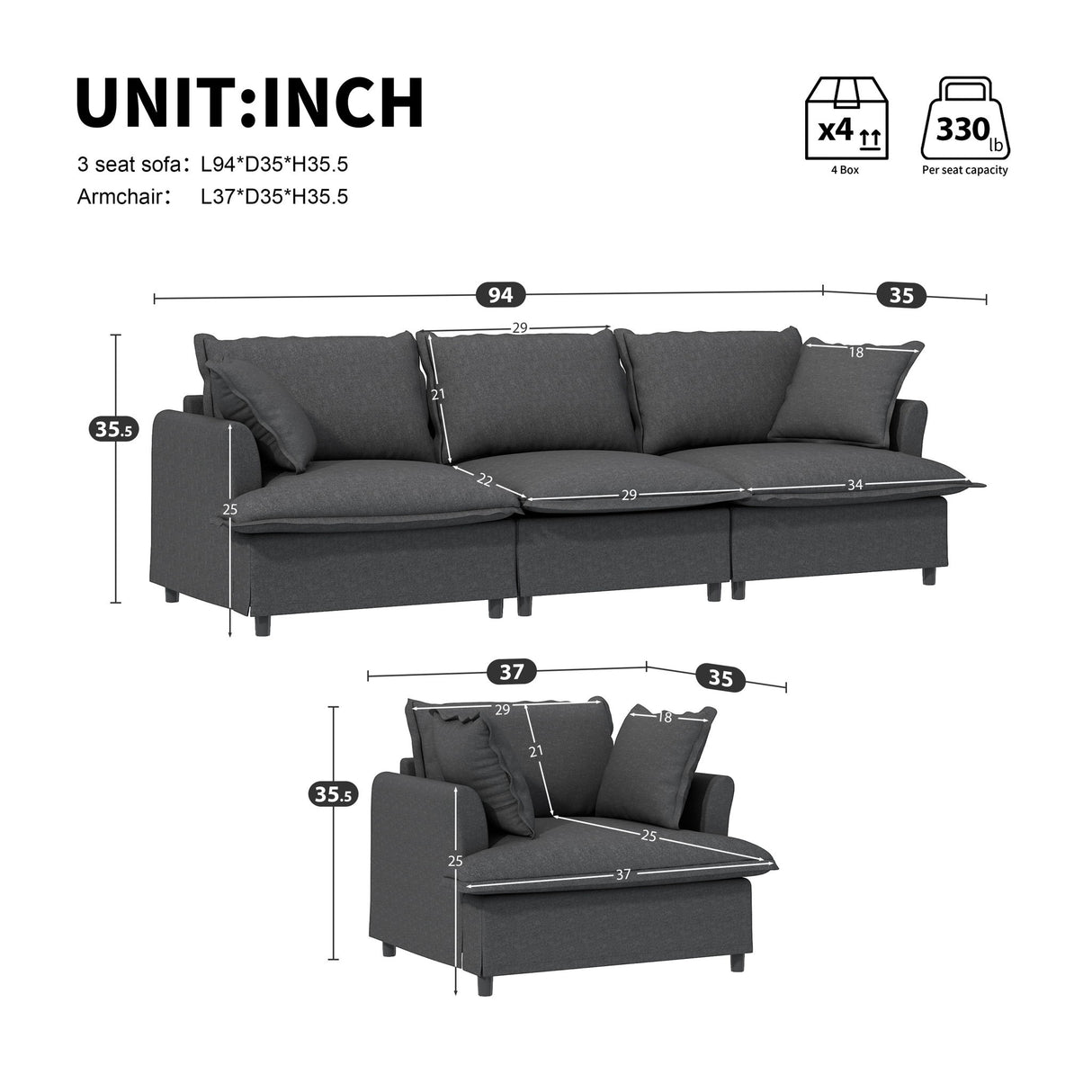 Living Room Set Modular Sectional Couch, Upholstered Sofa & Armchair & Movable Ottoman