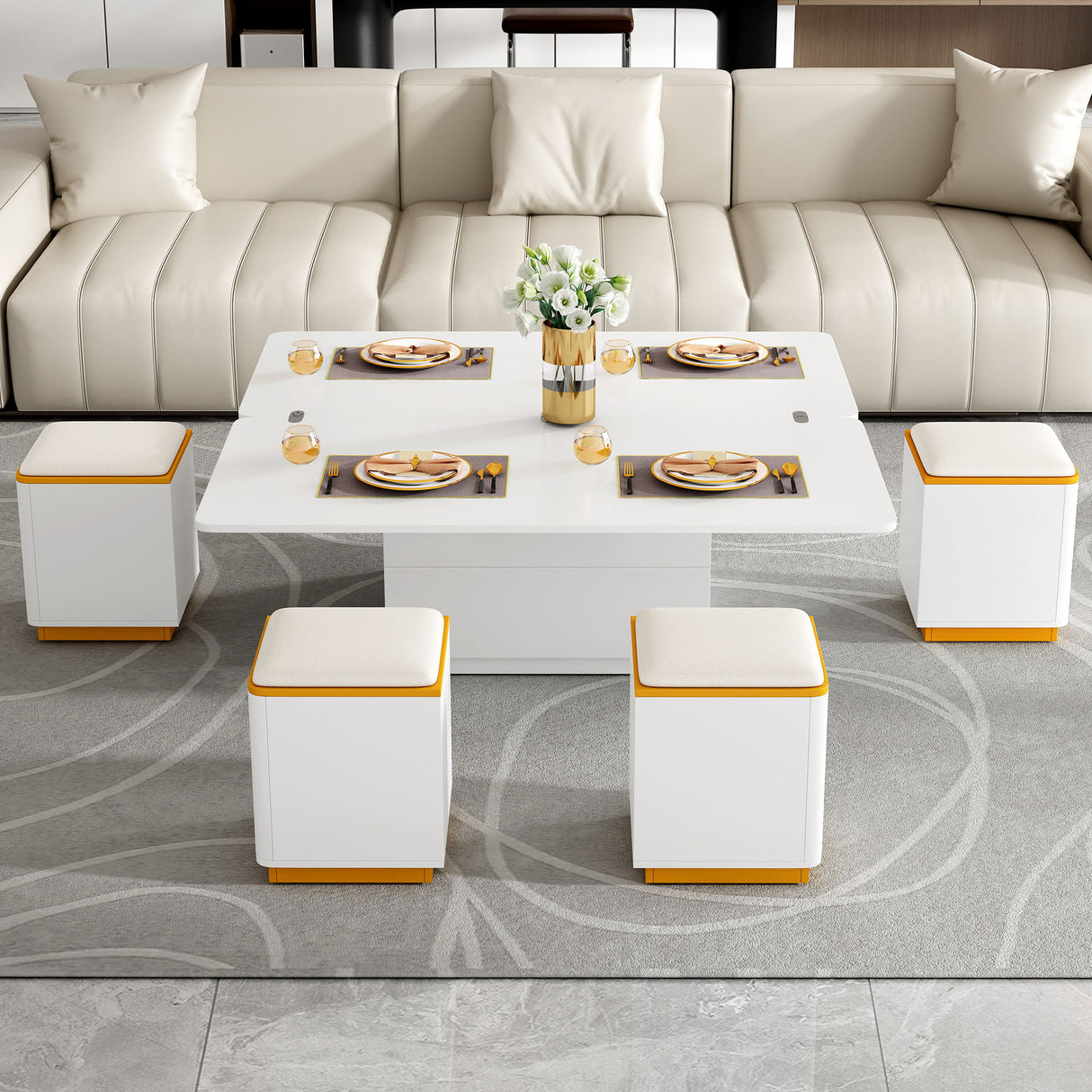Multi Functional Adjustable Coffee Table With 4 Storage Stools