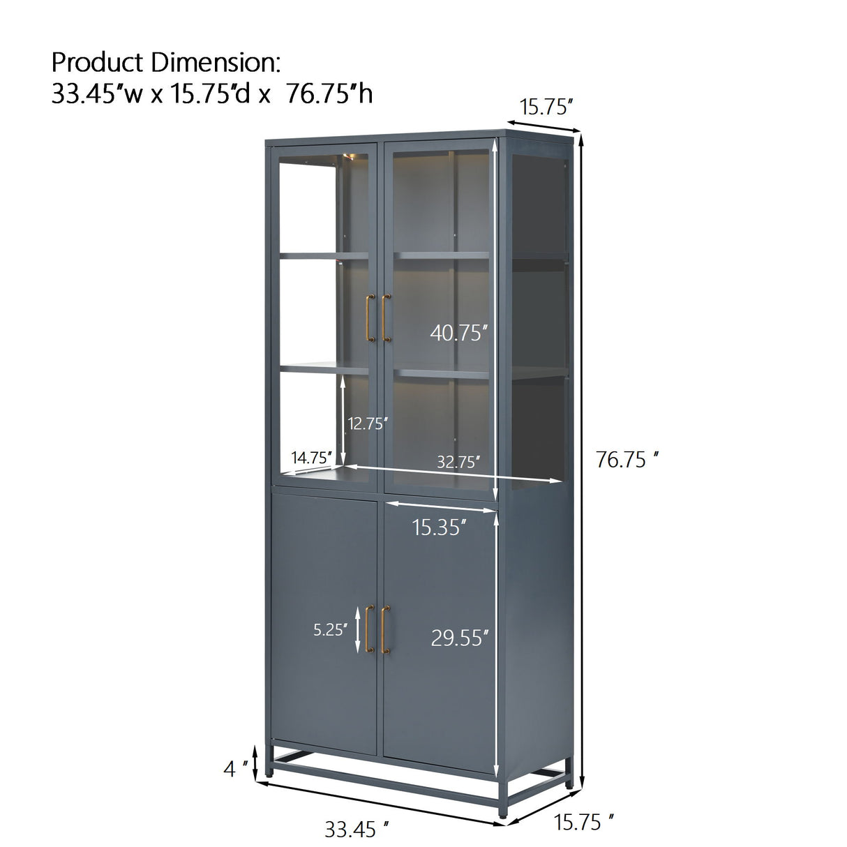 Modern Style Tall Steel Display Cabinet With Double Glass Doors, LED Lights