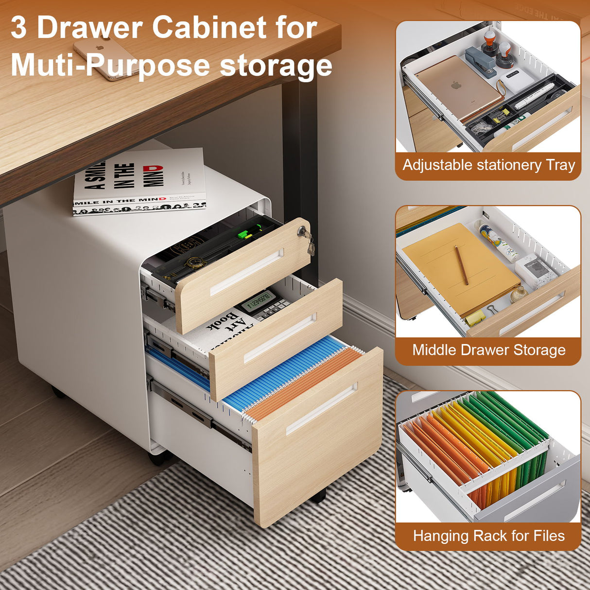 3 Drawer Mobile File Cabinet Under Desk Office, Simple Style Versatile Storage Cabinet For Legal / Letter / A4 Files, 5 Wheel Design Anti-Tilting Cold Rolled Steel Waterproof Moisture-Proof