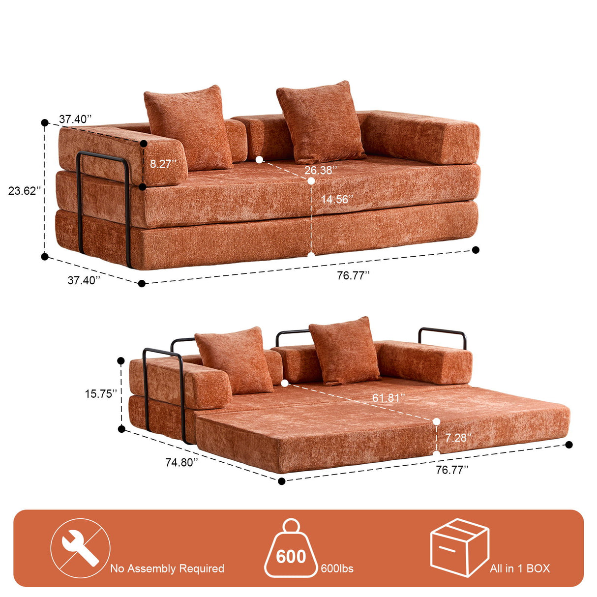 Convertible Floor Sofa Bed With Pillow Back Support Armrest