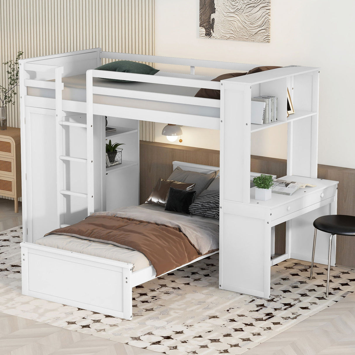 Loft Bed With A Stand Alone Bed, Shelves, Desk, And Wardrobe