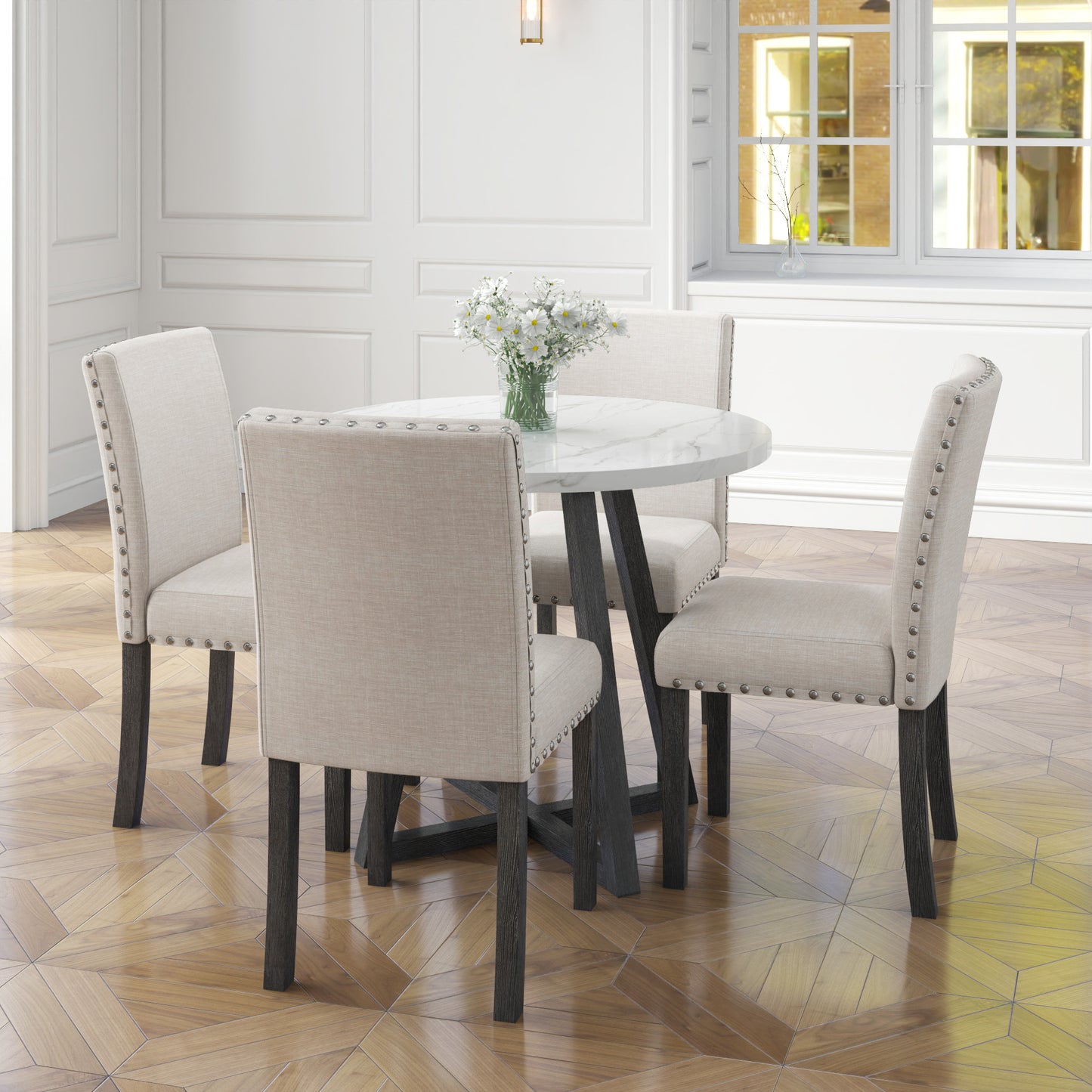 Five-piece dining room set with imitation marble table top, solid wood dining table and 4 chairs, space-saving kitchen and dining room combination furniture.