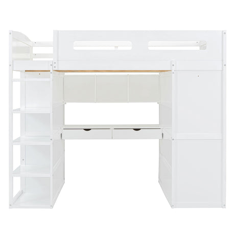 Full Size Loft Bed With Desk, Wardrobes, 4 Drawers And 4 Shelves - White