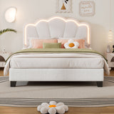 Upholstered Elegant Flowers Headboard With LED Light Strip, Platform Bed With Slats Support