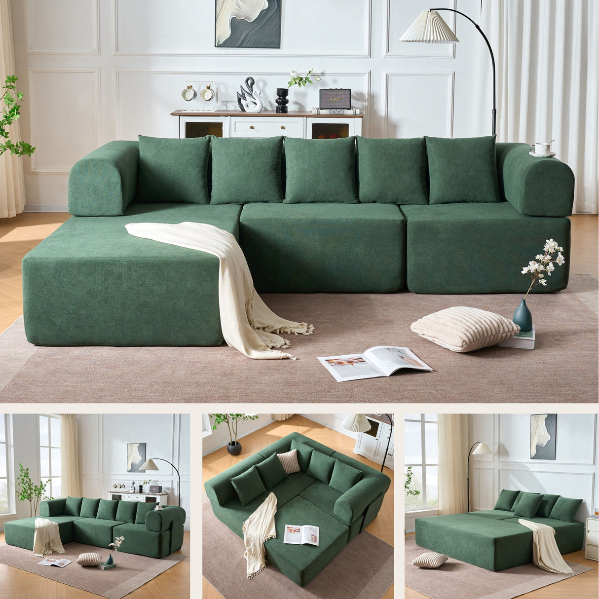 Modular L-Shaped Sectional Sofa With Deep Seat, Movable Chaise & 5 Pillows