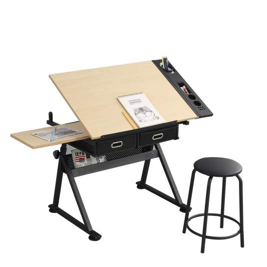 adjustable drawing drafting table desk with 2 drawers for home office and school with stool(wood)