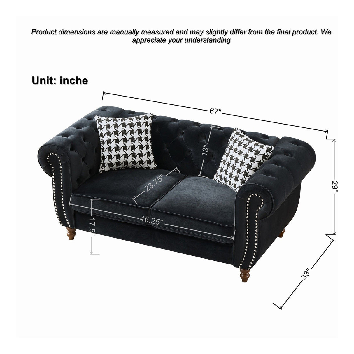 Chesterfield 3 And 2 Seater Velvet Upholstery Sofa With Roll Armrest & Nailhead Fabric Couch