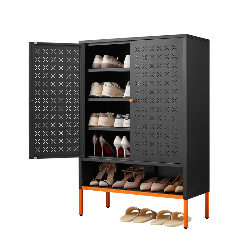 Grid Double Door Shoe Cabinet With Adjustable Compartments And Moisture-Proof Design In Metal